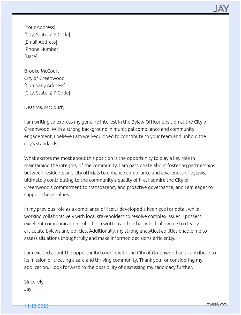 Bylaw officer At City of Greenwood Cover Letter