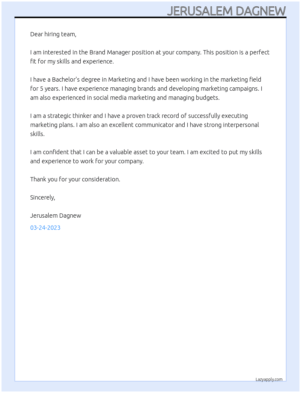 Brand Manager  At unnown  Cover Letter