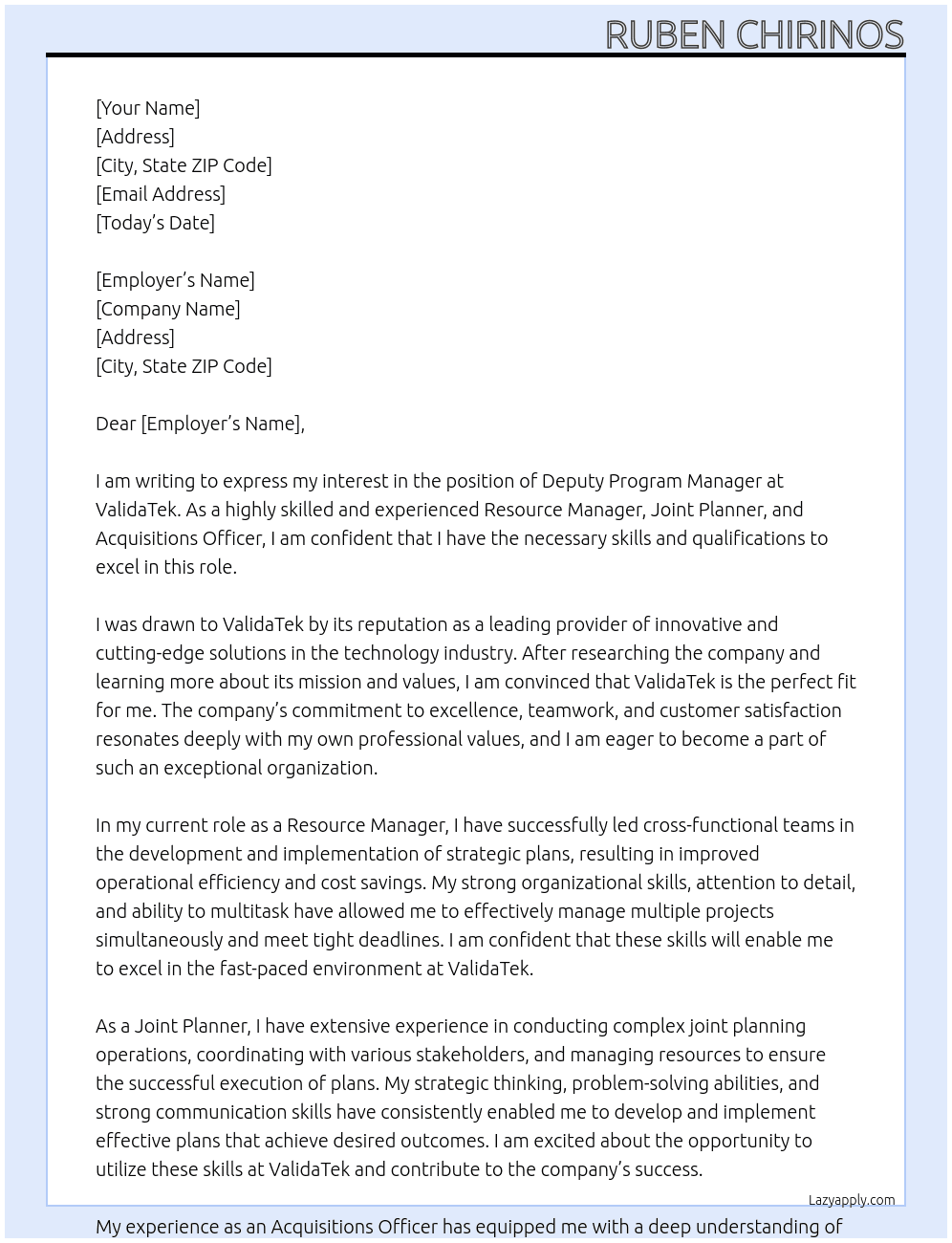 Deputy Program Manager At ValidaTek Cover Letter