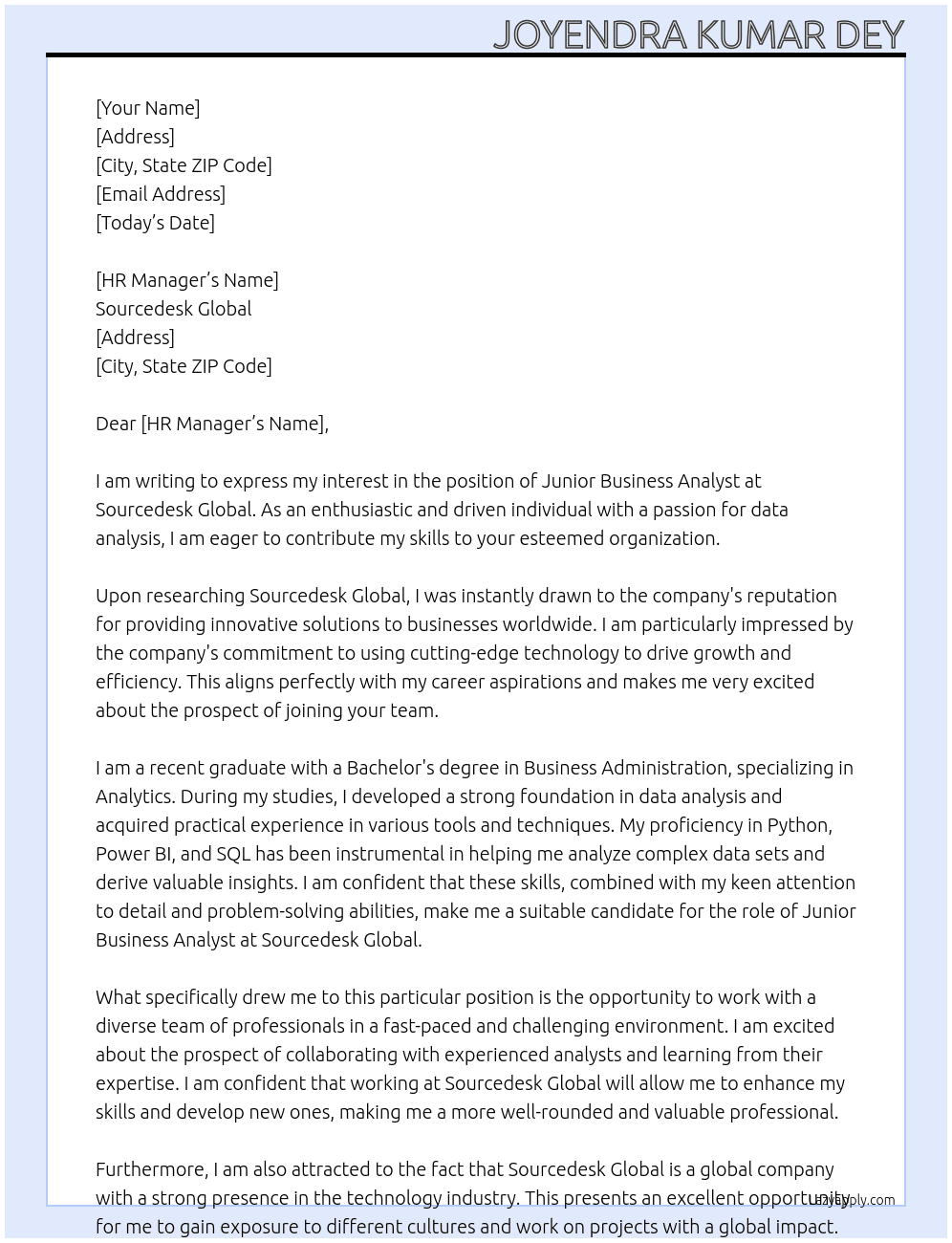 Junior Business Analyst  At Sourcedesk Global  Cover Letter