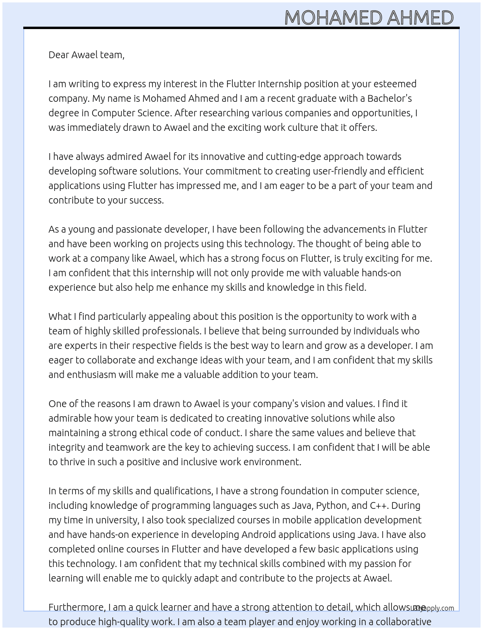 flutter internship At Awael Cover Letter
