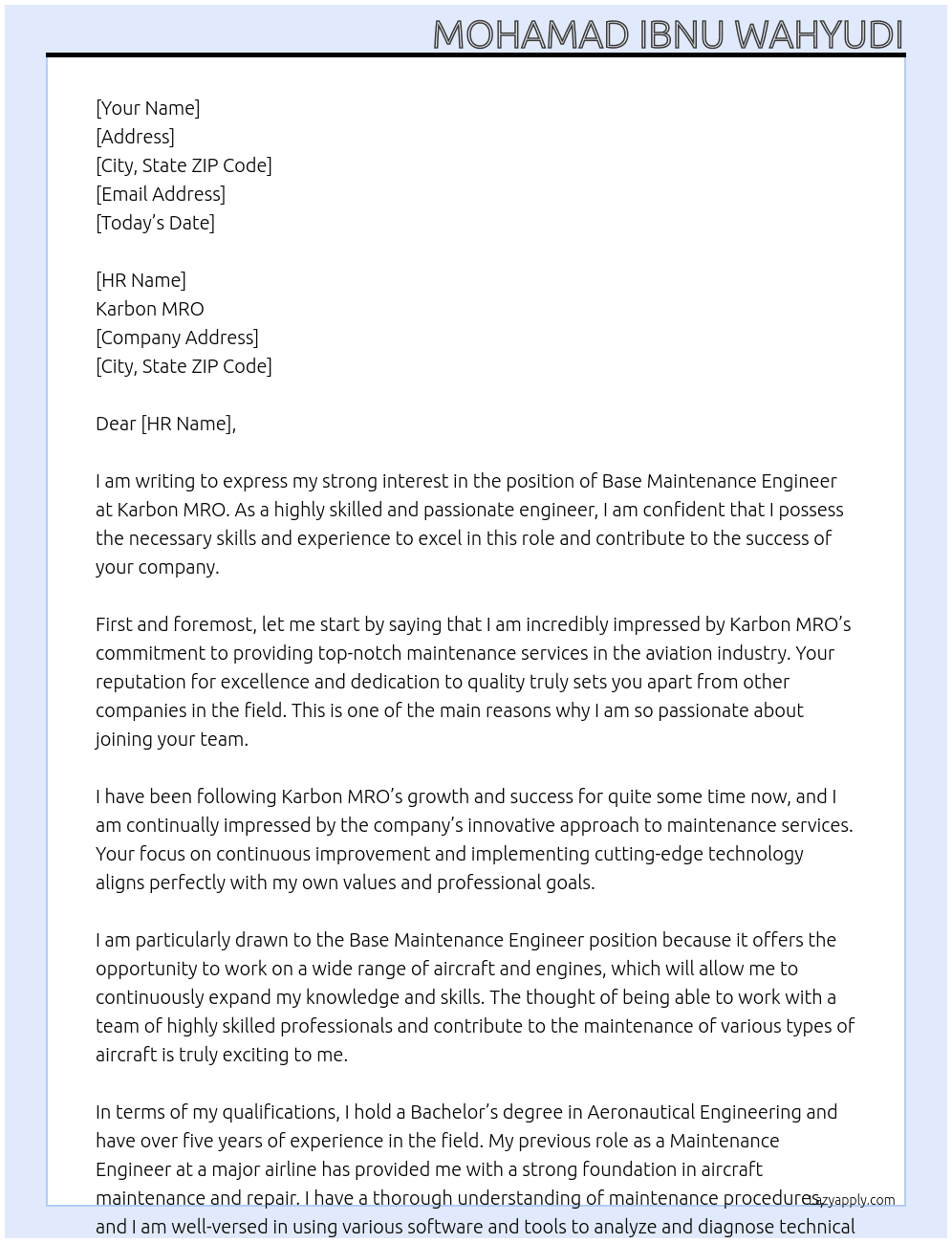 base maintenance engineer At Karbon MRO Cover Letter