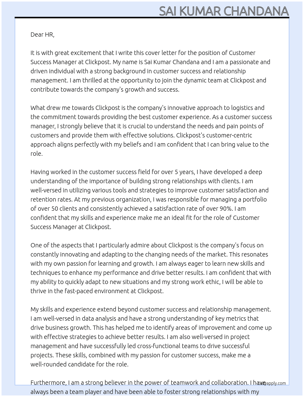 Customer Success Manager At Clickpost Cover Letter