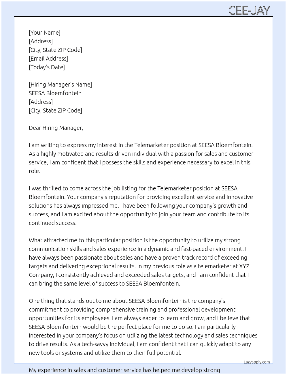Telemarketer At SEESA Bloemfontein Cover Letter