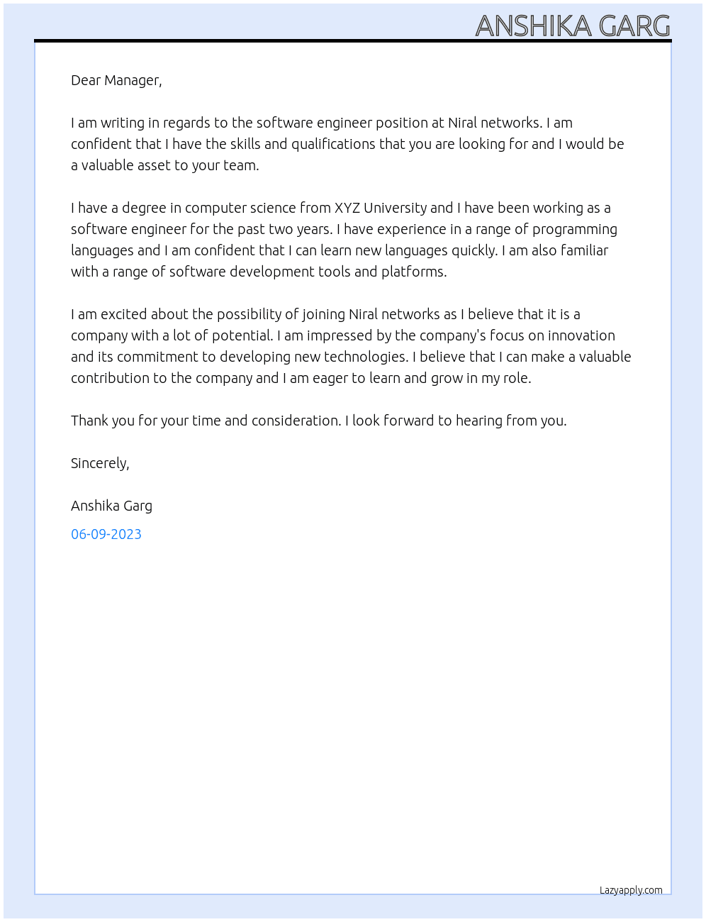 software enginer At Niral networks Cover Letter