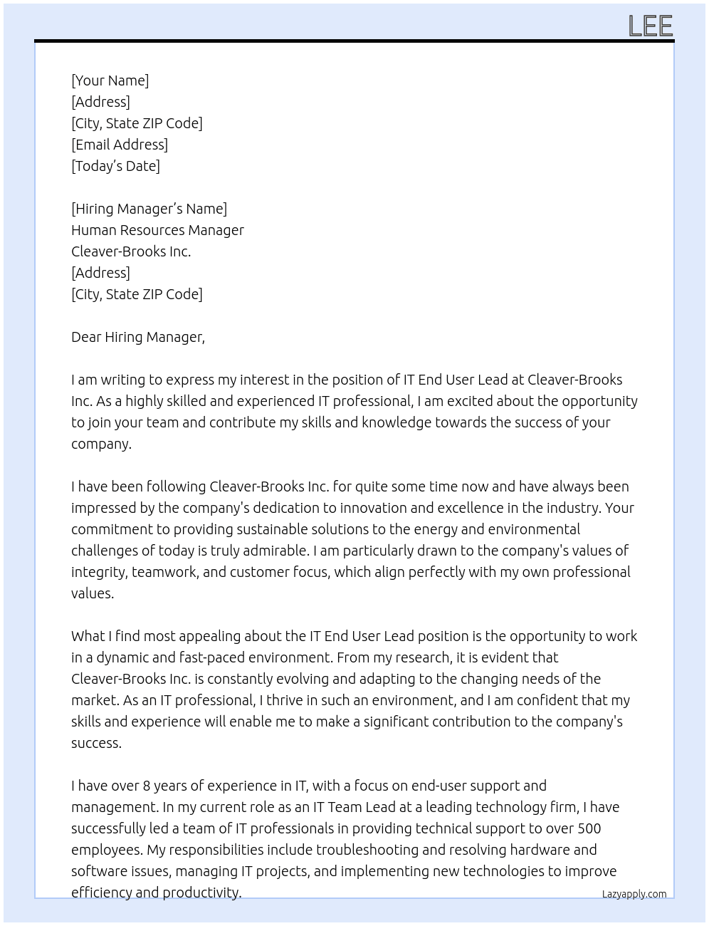 IT End User Lead At Cleaver-Brooks Inc. Cover Letter