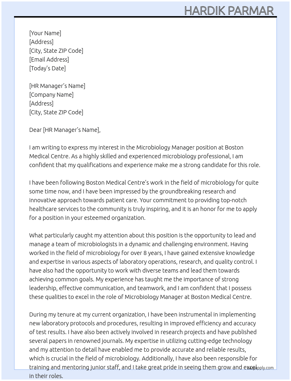Microbiology manager  At Boston medical centre  Cover Letter