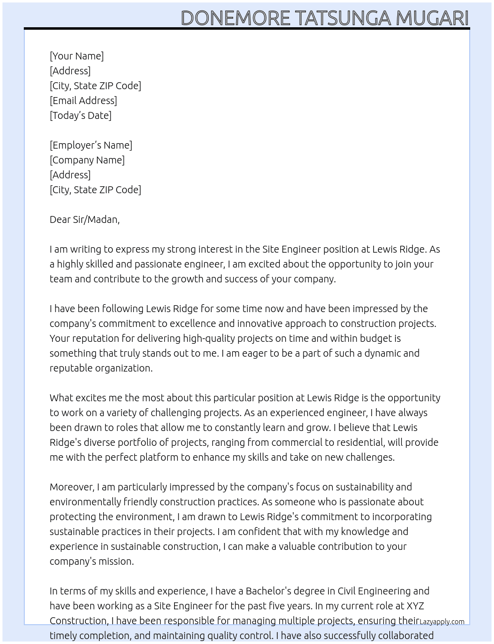 Site Engineer At Lewis Ridge Cover Letter