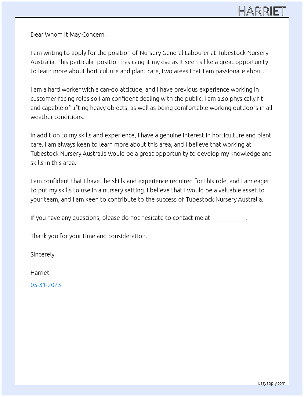 Nursery General Labourer At Tubestock nursery australia Cover Letter
