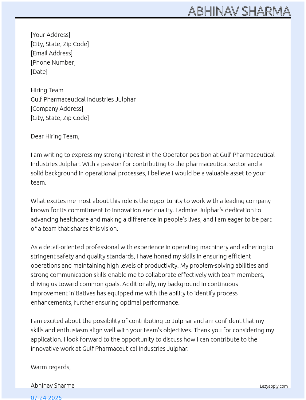 Operator  At Gulf pharmaceutical industry julphar Cover Letter