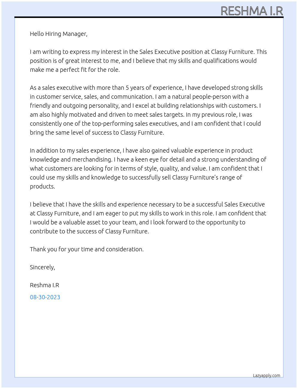 Sale Executive At Classy Furniture Cover Letter