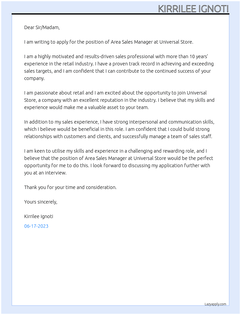 Area Sales Manager At Universal Store Cover Letter