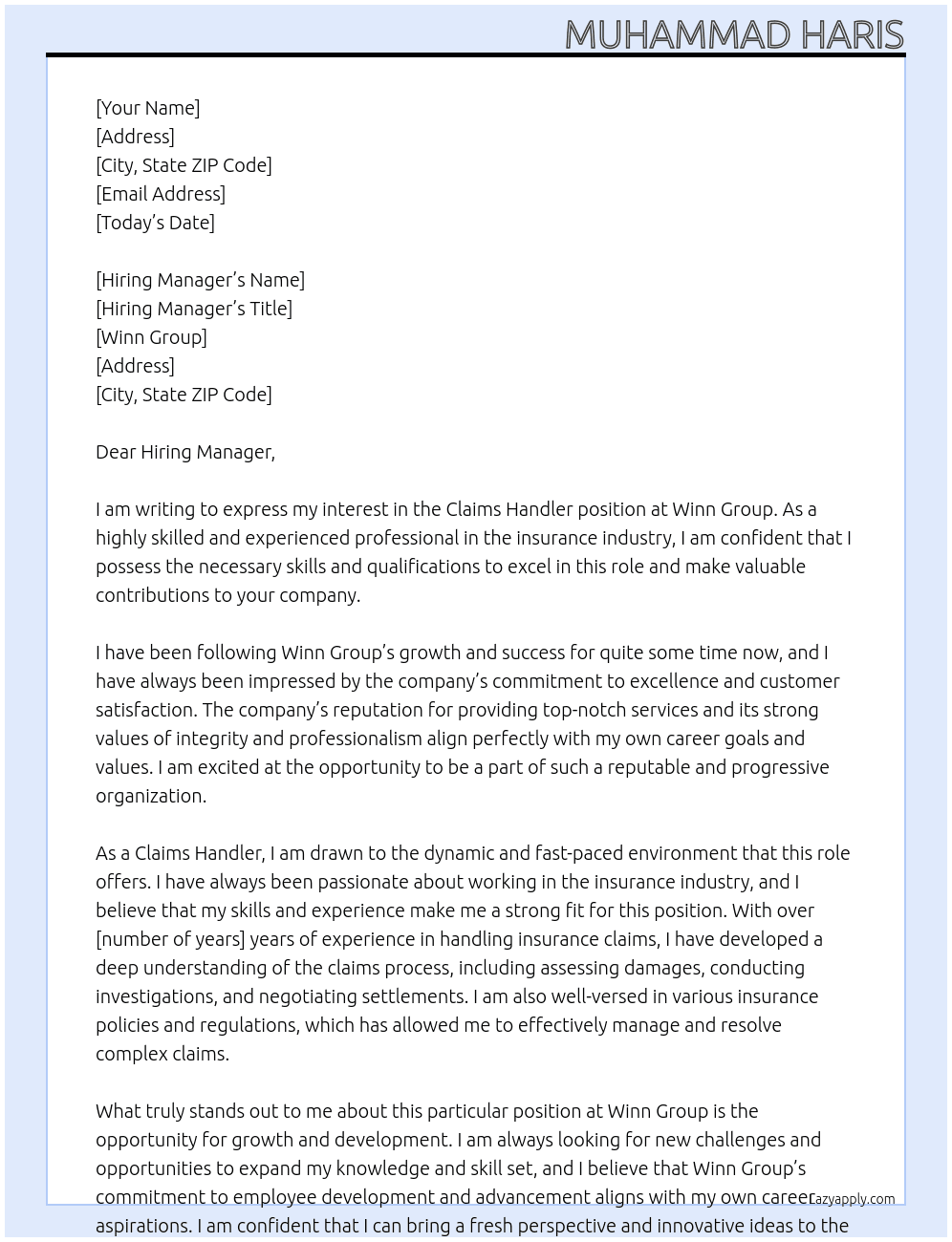 Claims Handler At Winn Group Cover Letter