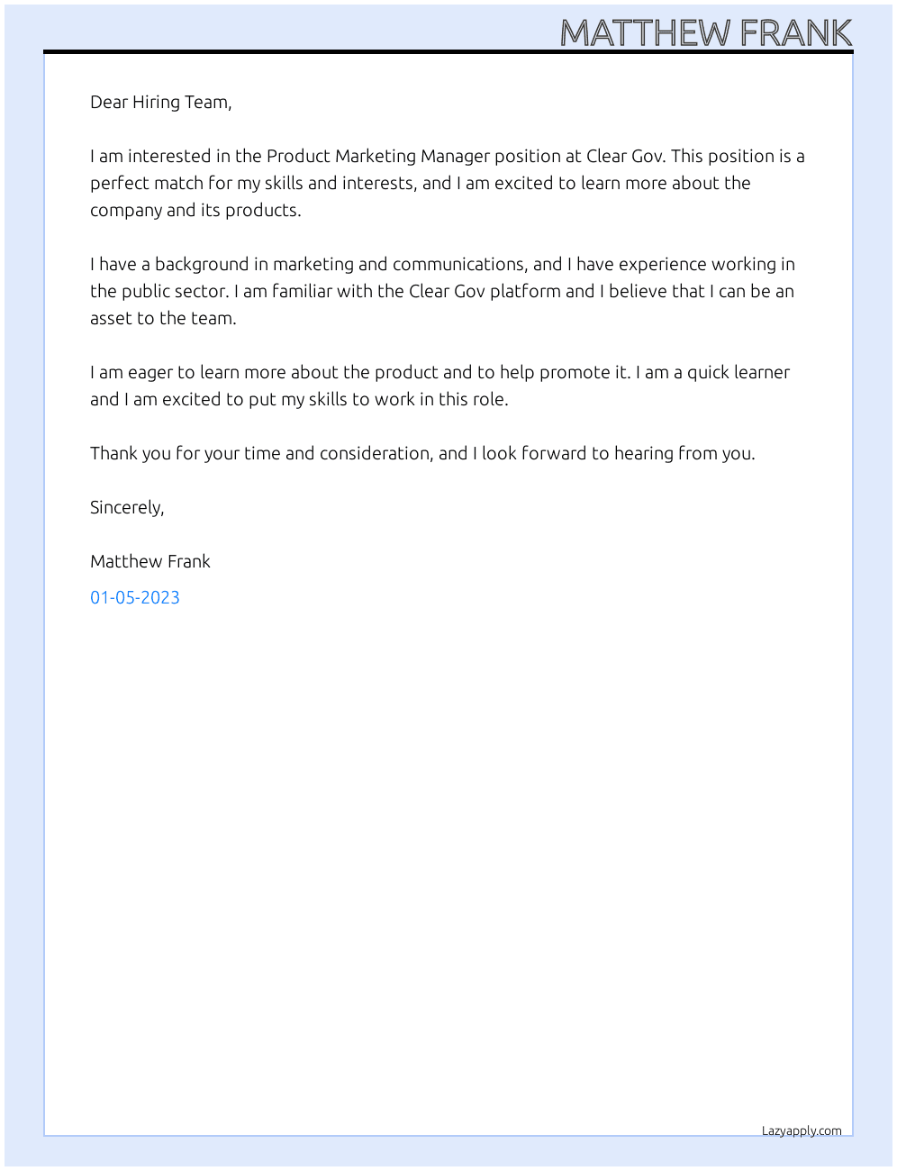 Product Marketing Manager At Clear Gov Cover Letter