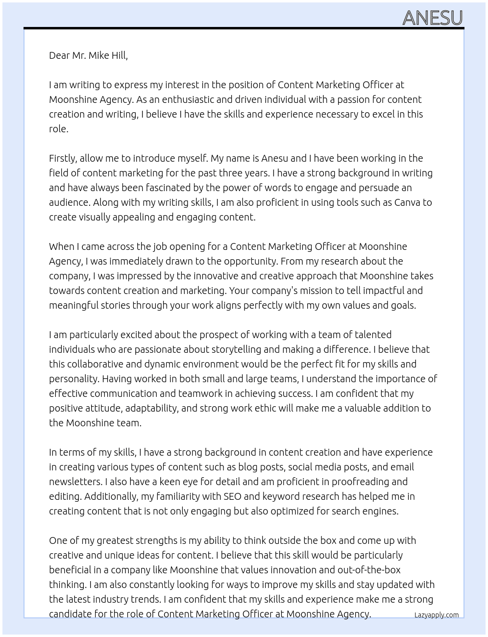 Content Marketing Officer At Moonshine Agency Cover Letter