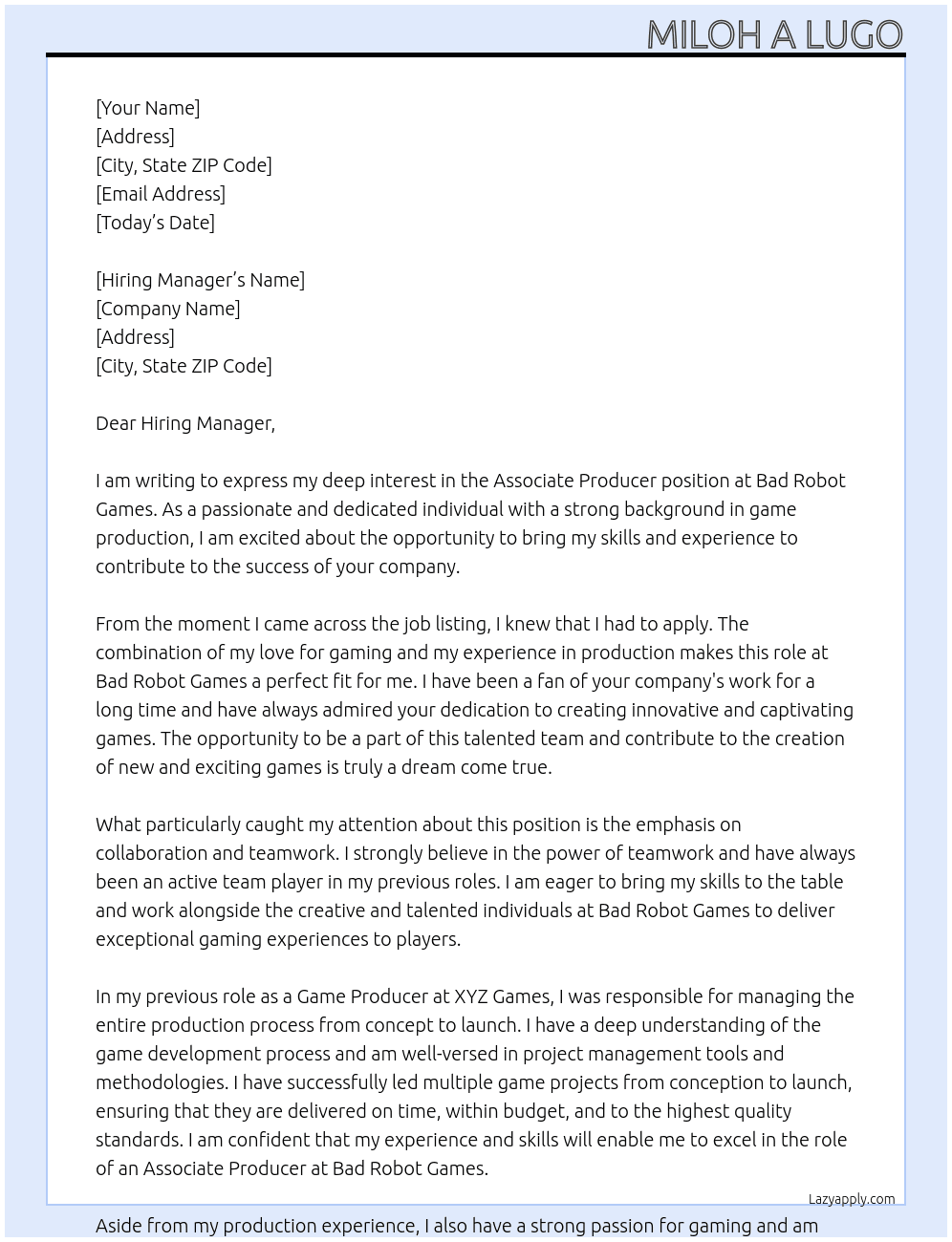 Associate Producer At Bad Robot Games Cover Letter
