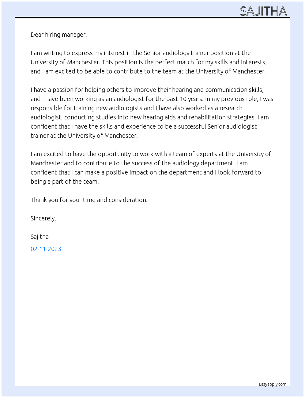 Senior audiology trainer At University of Manchester  Cover Letter
