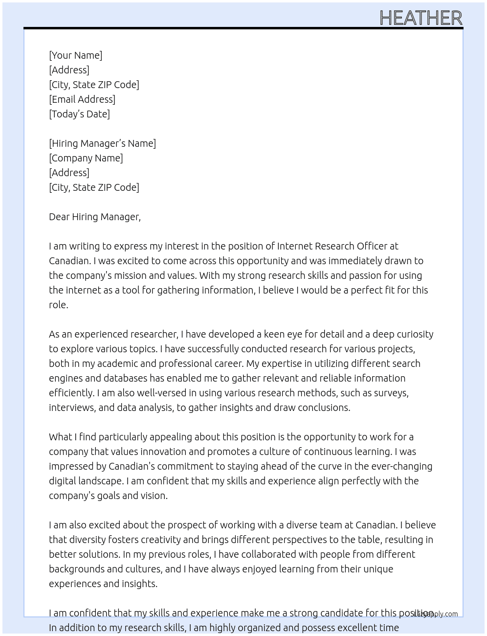 Internet research Officer At Canadian Cover Letter