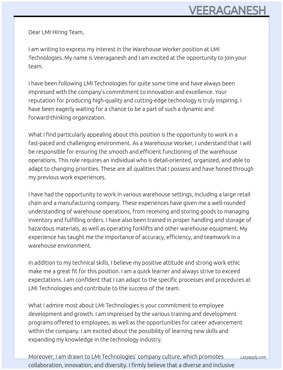 Warehouse worker At LMI technologies Cover Letter