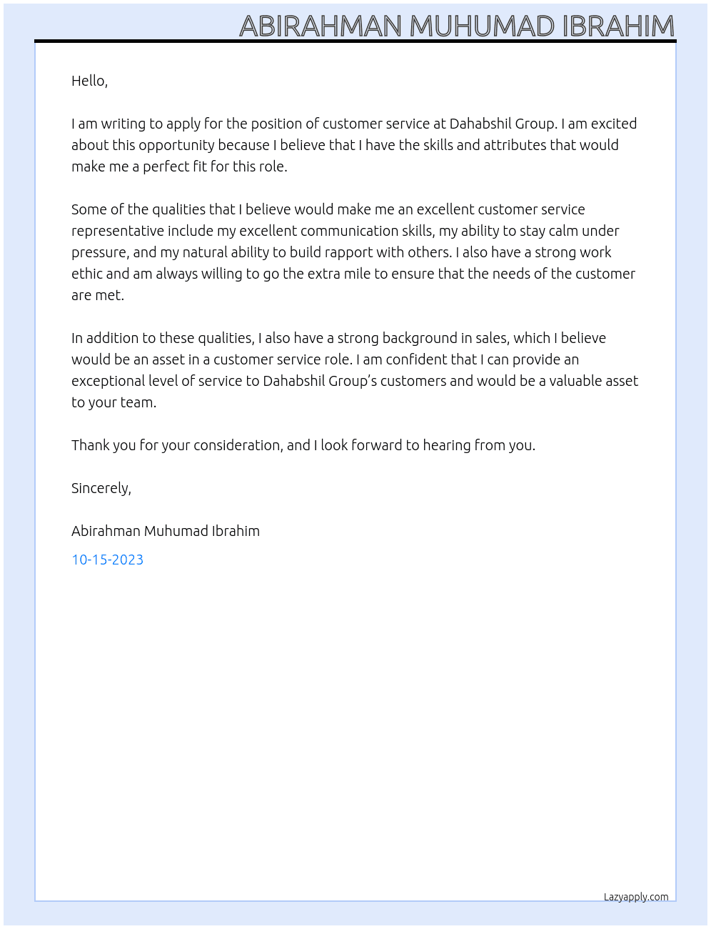 customer service  At dahabshil group  Cover Letter