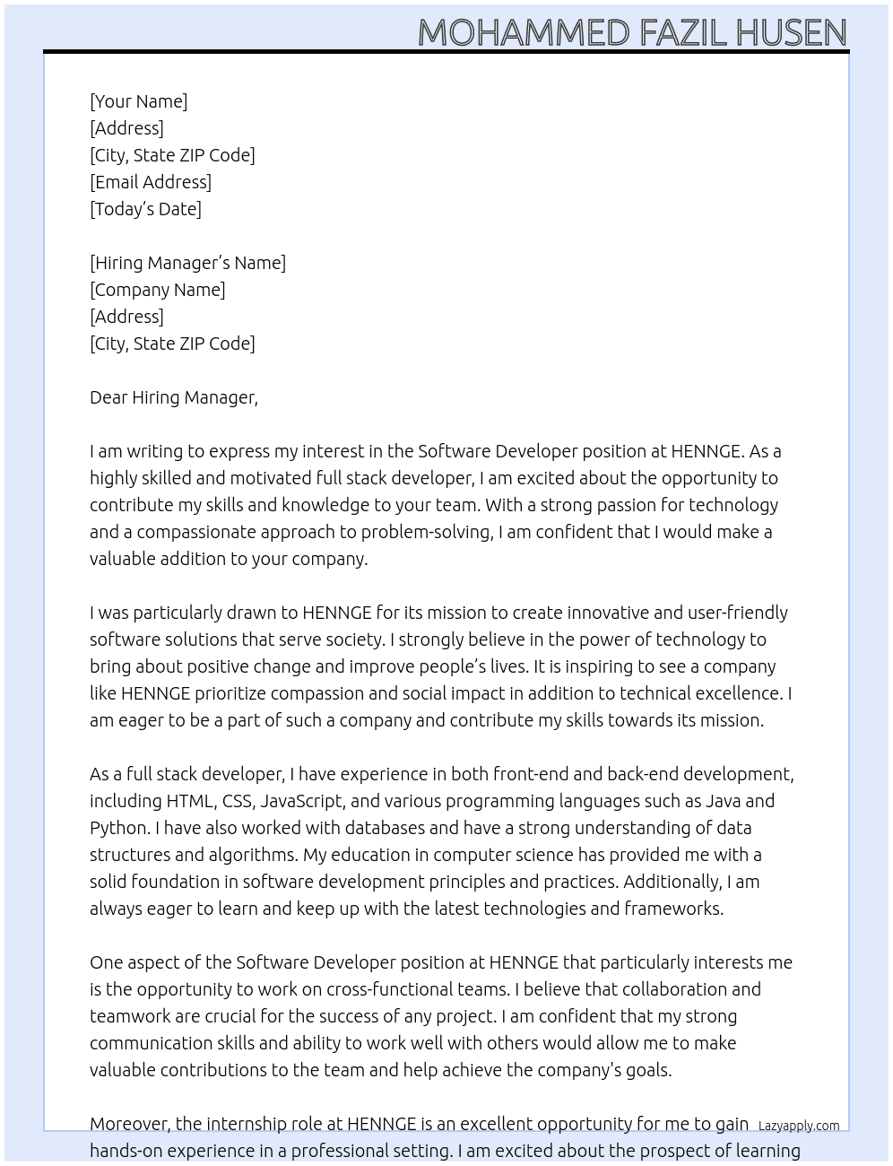 Software Developer At HENNGE Cover Letter