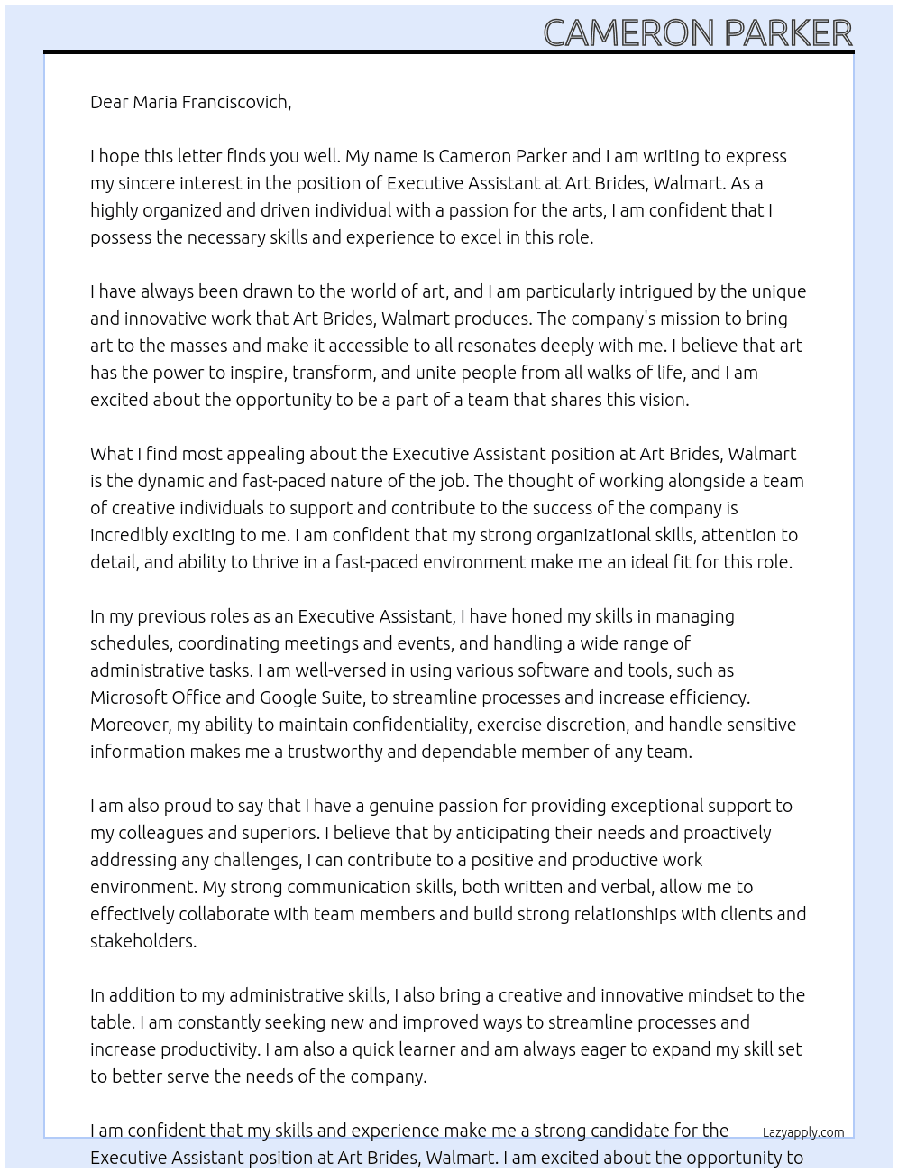 Executive Assistant At Art Brides, Walmart Cover Letter