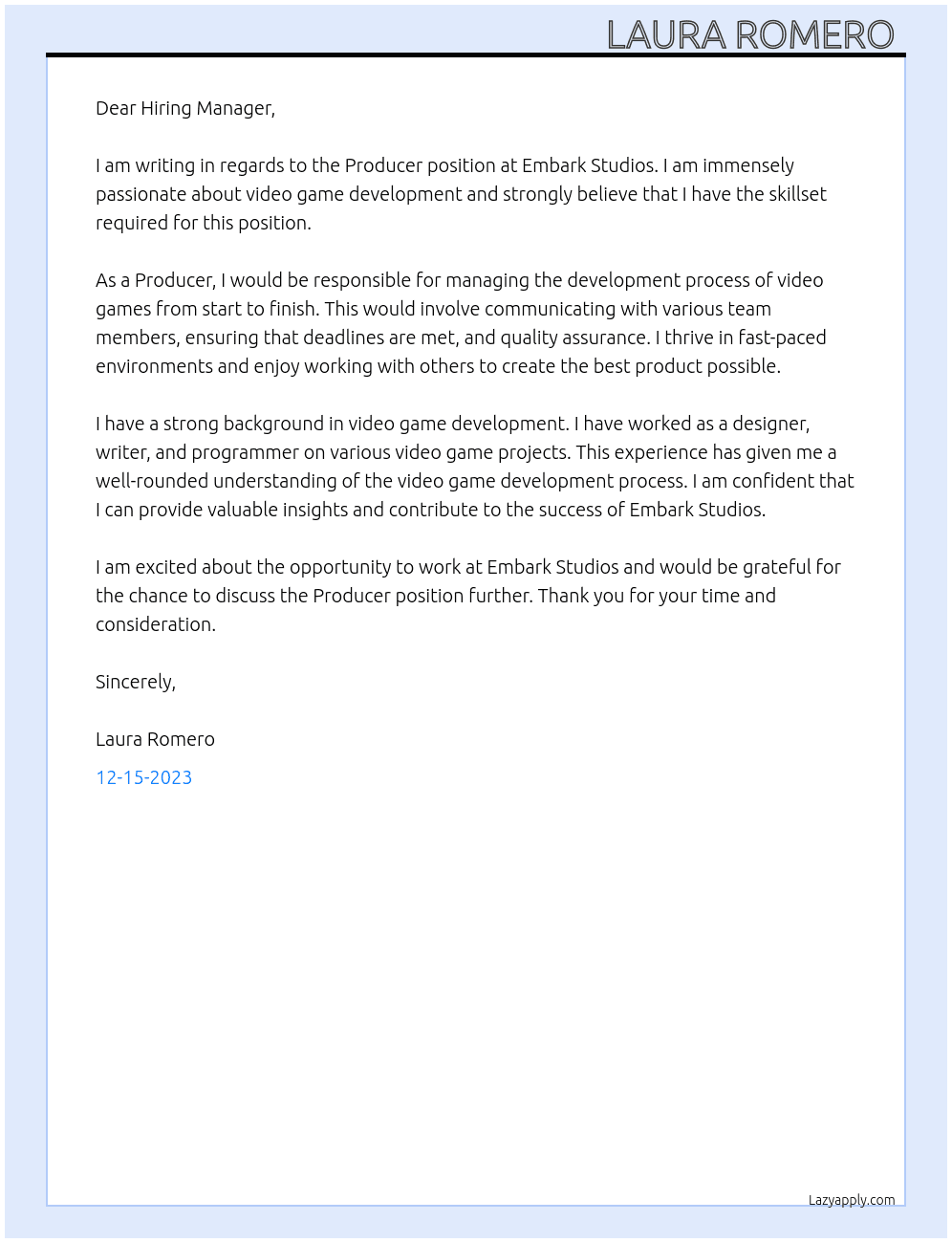 Producer  At Embark Studios Cover Letter