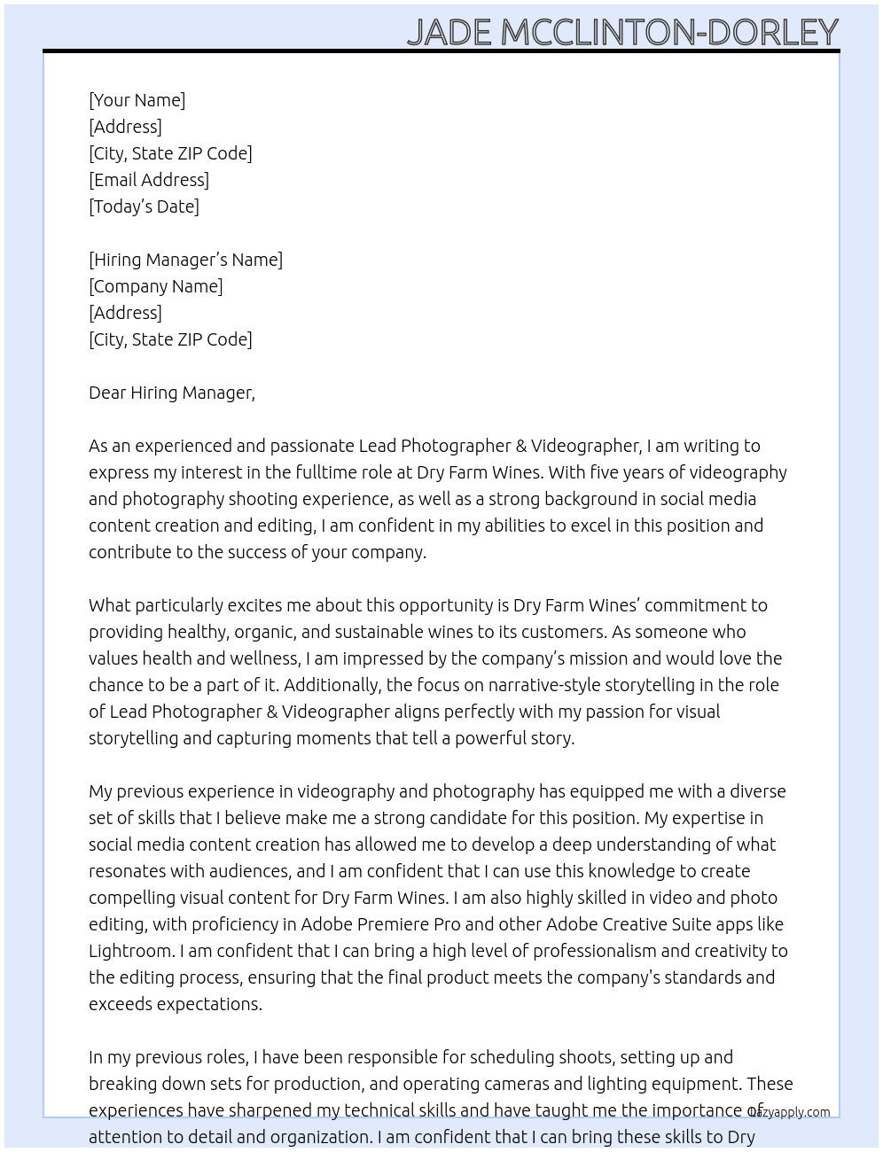 Lead Photographer & Videographer At Dry Farm Wines Cover Letter
