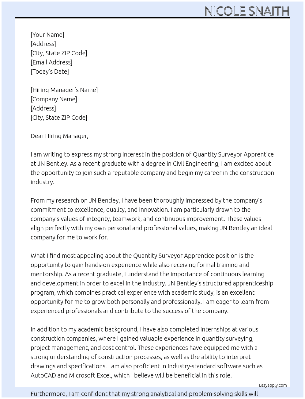 Quantity Surveyor Apprentice At JN Bentley Cover Letter