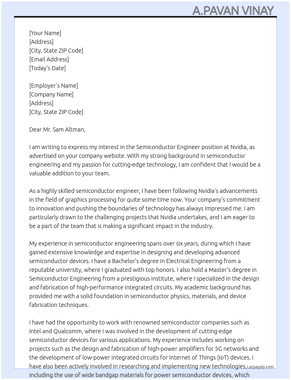 Semiconductor engineer  At Nvida Cover Letter