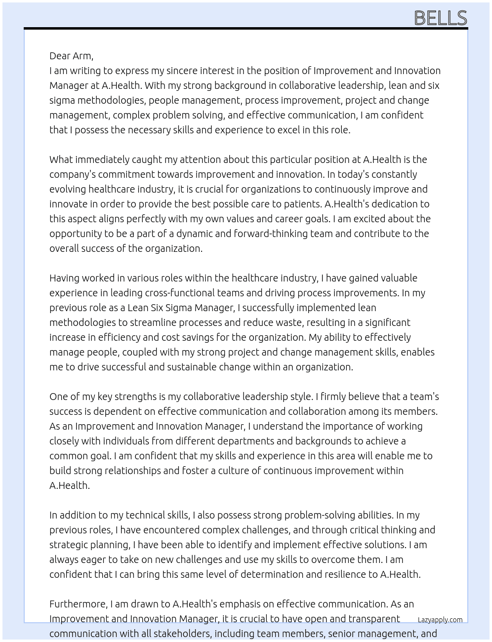 Improvement and Innovation Manager  At A.Health Cover Letter