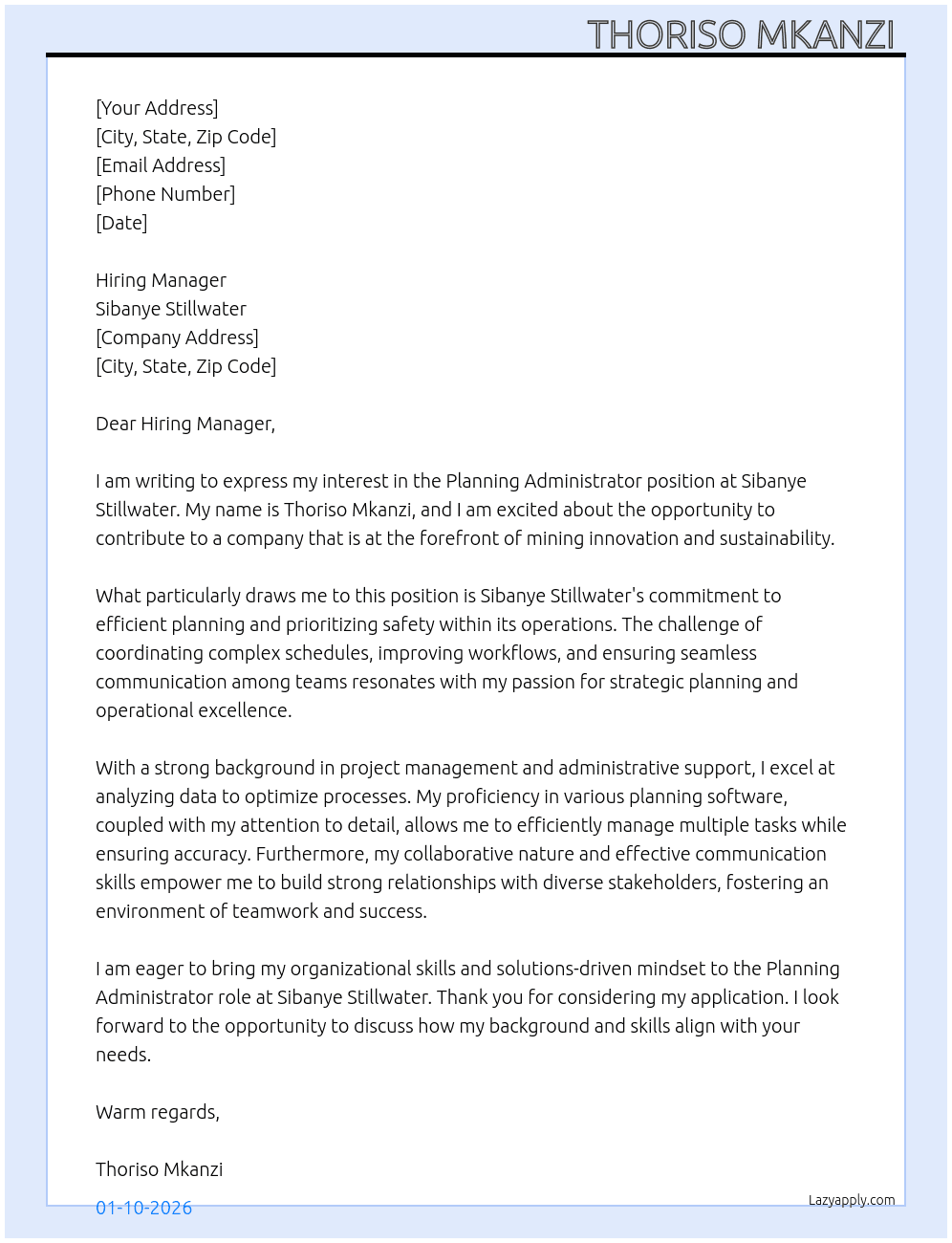 Cover letter for planning administrator - LazyApply