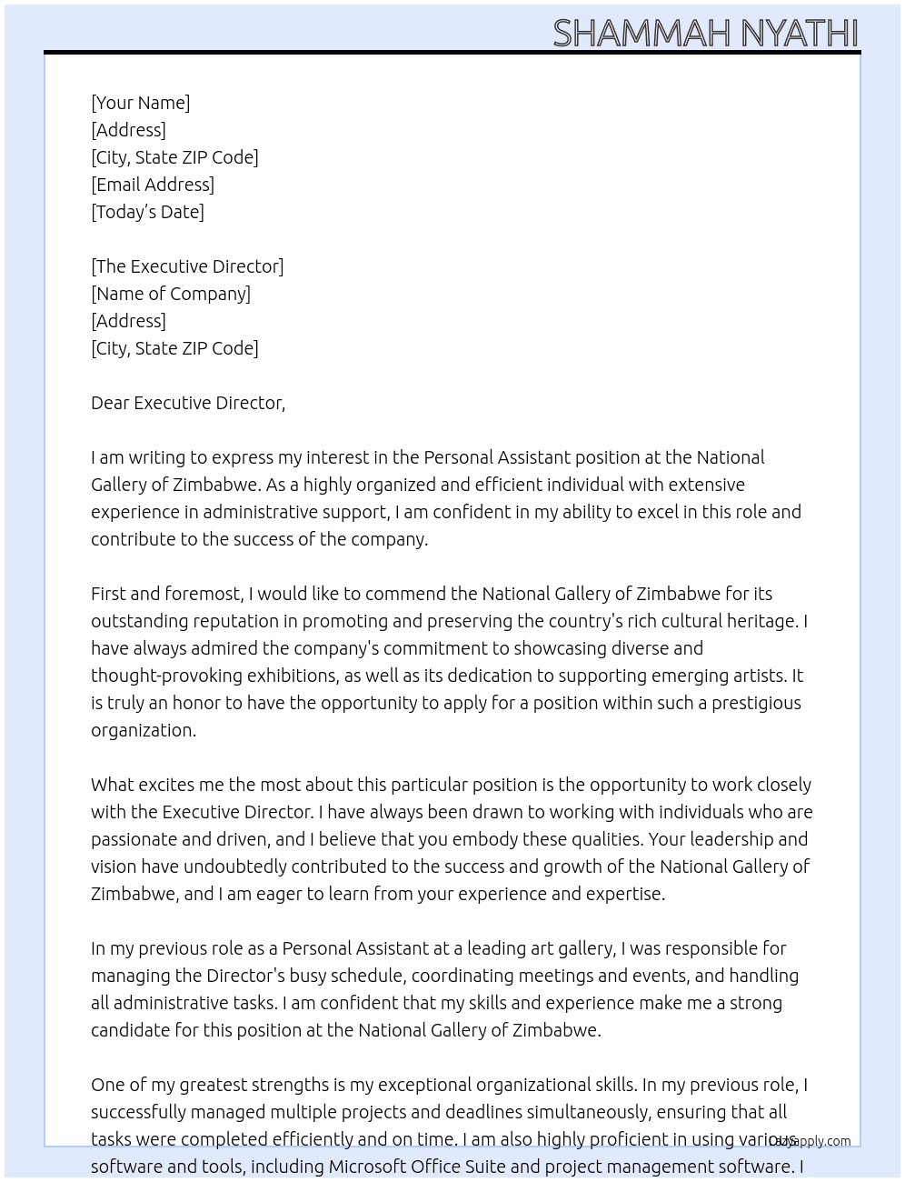 Personal Assistant At National Gallery of Zimbabwe Cover Letter