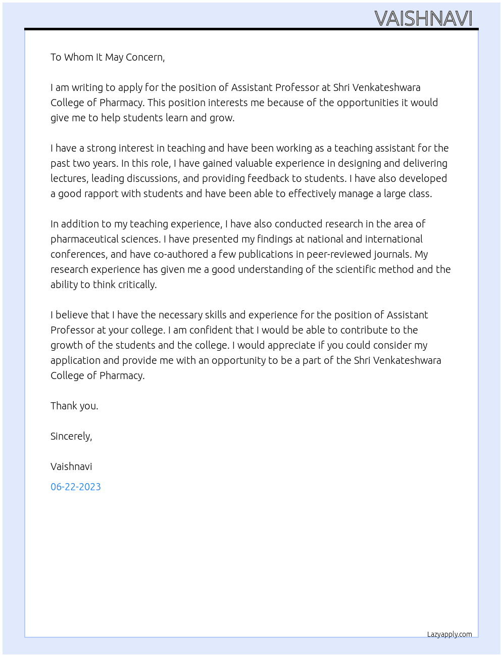 Assistant professor  At Shri Venkateshwara College of Pharmacy Cover Letter