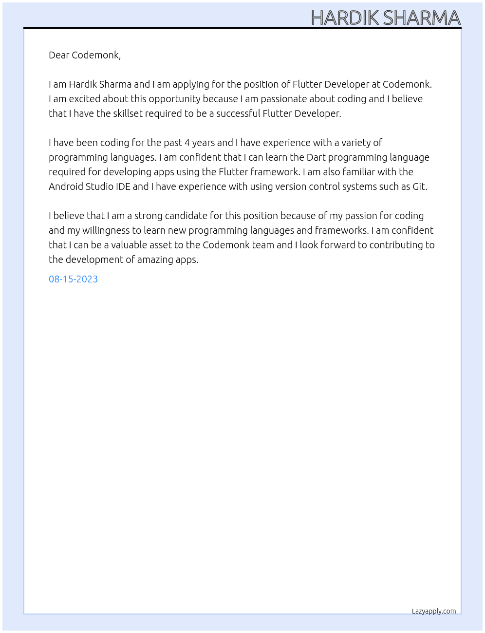 Flutter Developer At Codemonk Cover Letter