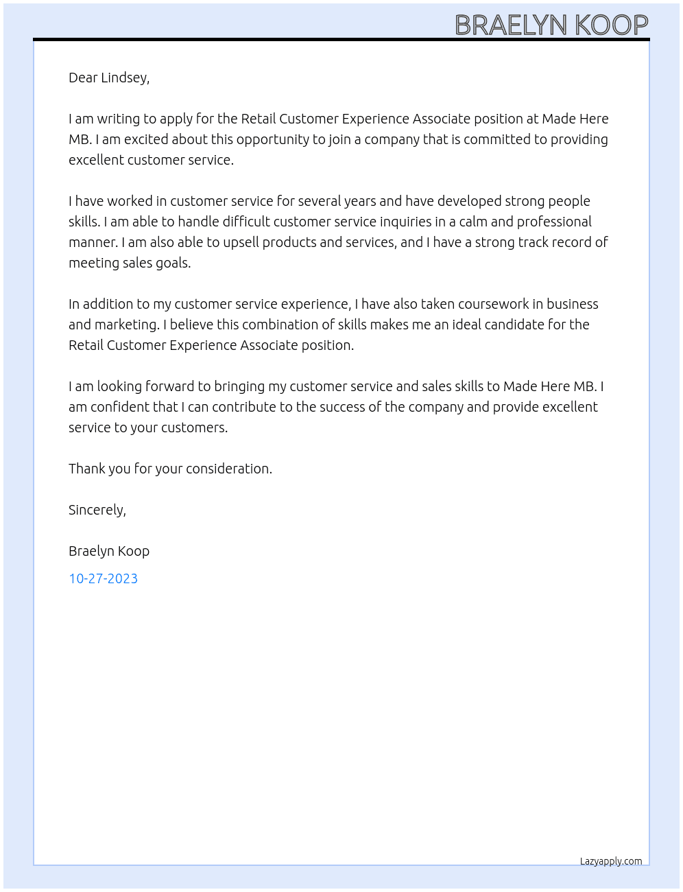 Retail customer experience associate At made here MB Cover Letter