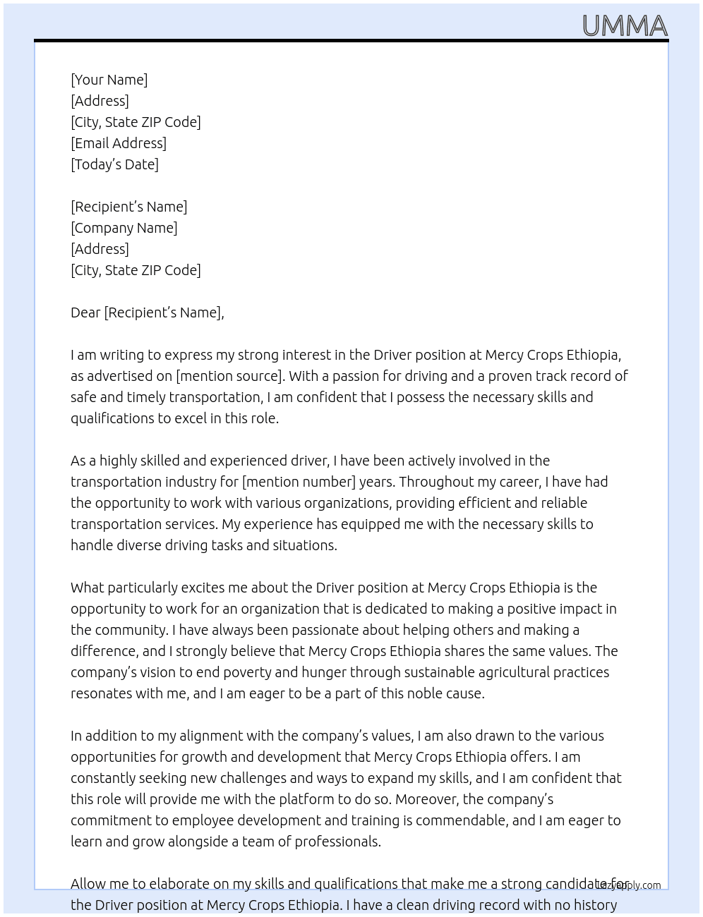 Driver  At Mercy crops Ethiopia  Cover Letter