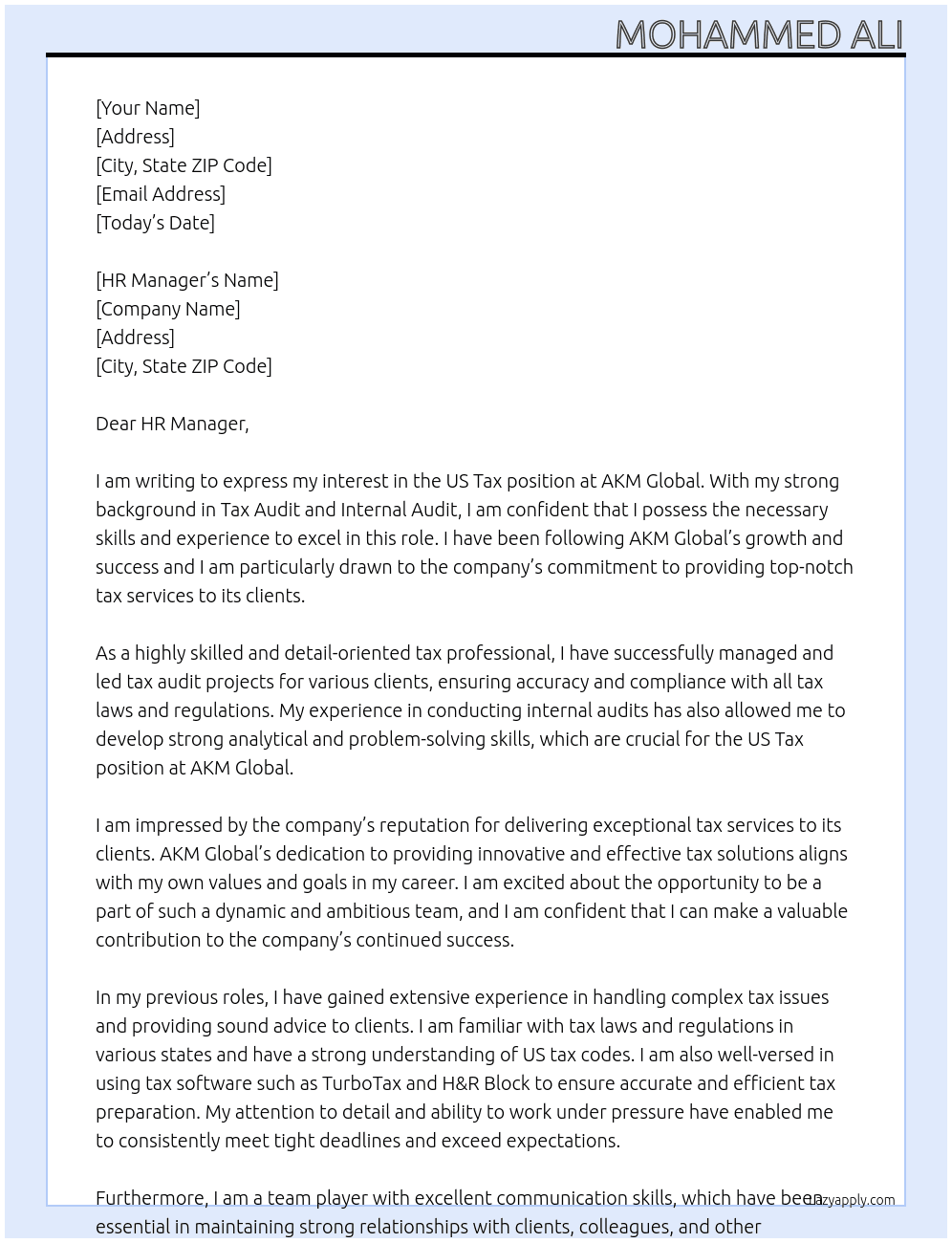 US Tax At AKM Global Cover Letter