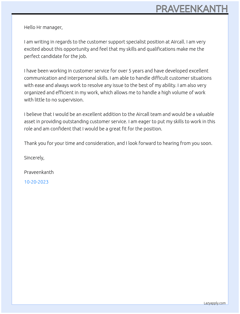 Customer support specialist At Aircall Cover Letter