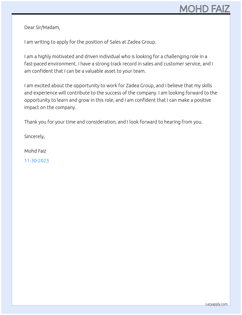 sales  At Zadea Group Cover Letter