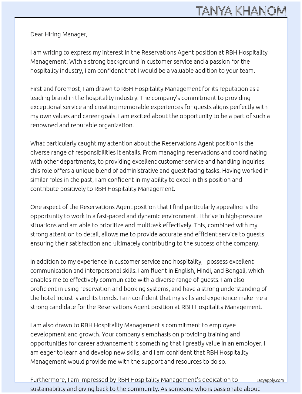 Reservations Agent At RBH Hospitality Management  Cover Letter