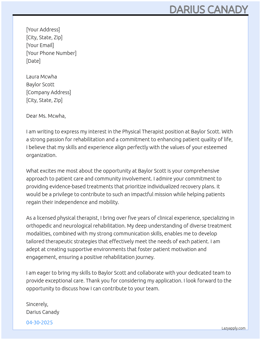 physical therapist At Baylor scott Cover Letter