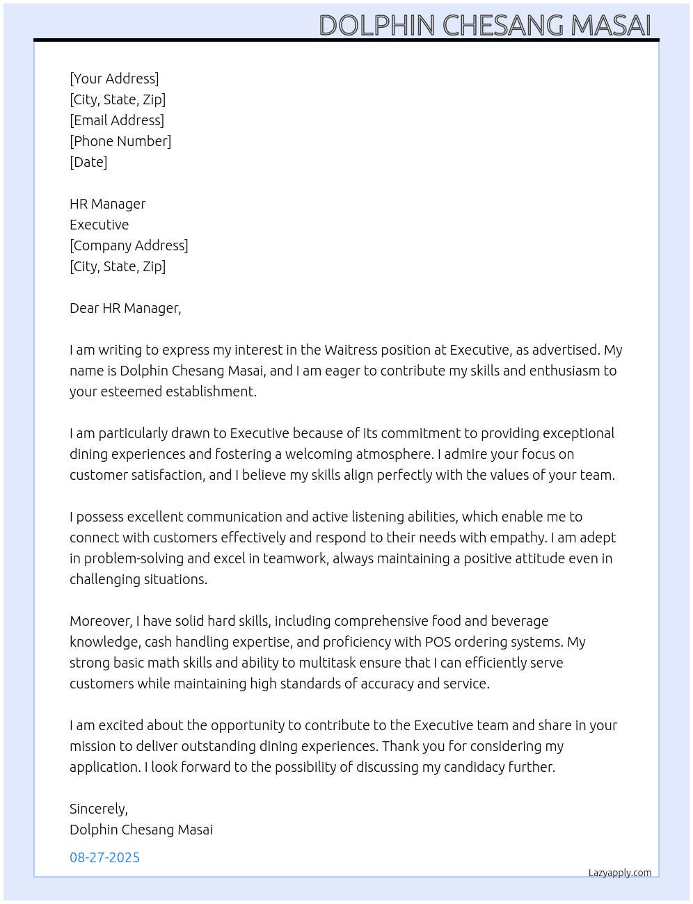Waitress  At Executive  Cover Letter