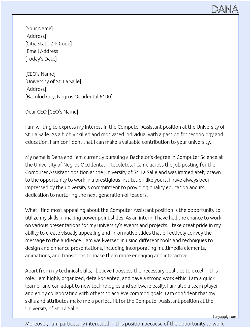 Cover letter for computer assistant - LazyApply