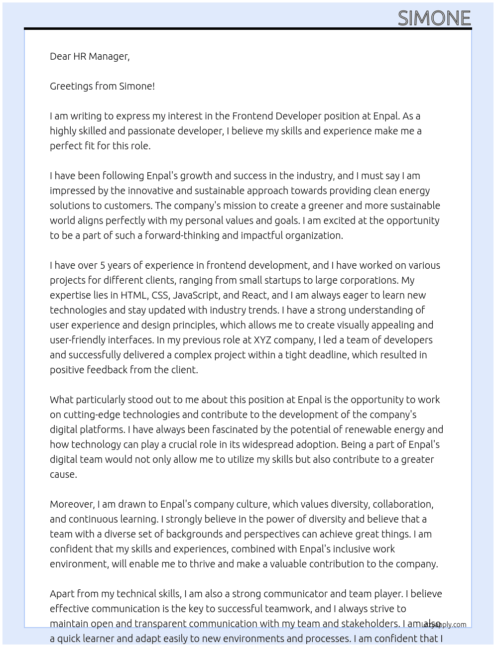 frontend developer At Enpal Cover Letter