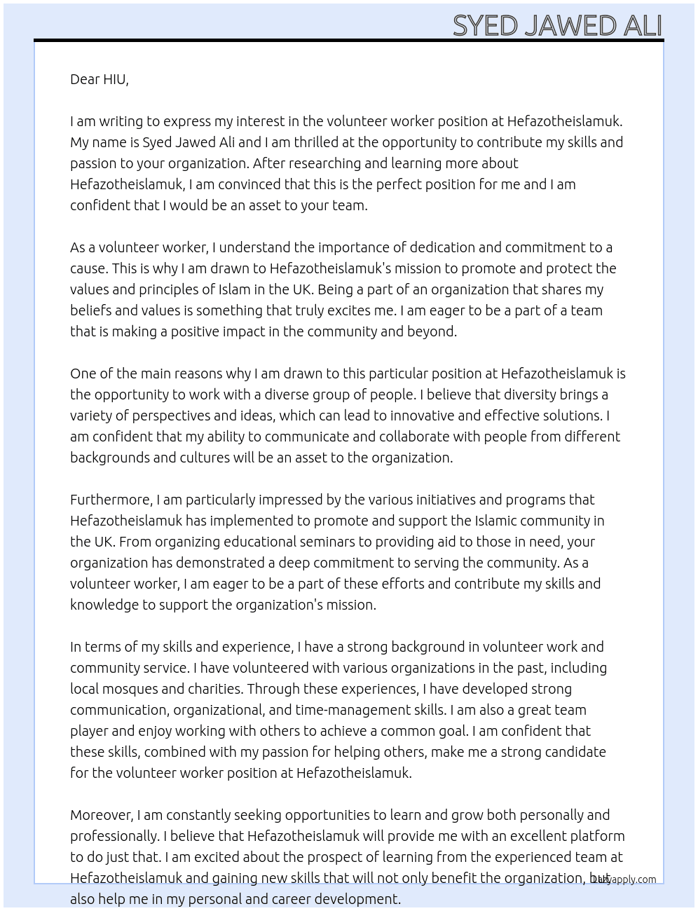 volunteer worker At hefazotheislamuk Cover Letter