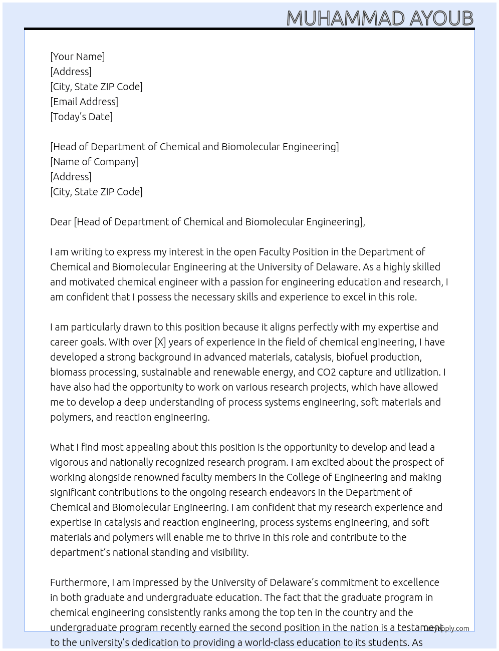 Faculty Position - Department of Chemical and Biomolecular Engineering  At University of Delaware  Cover Letter