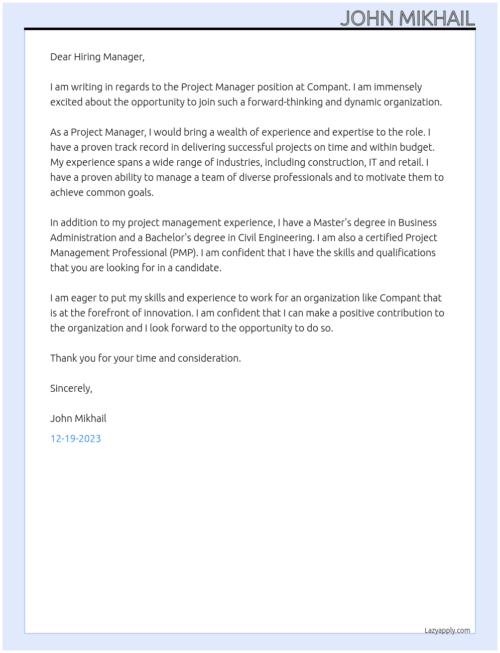 Project Manager At Compant Cover Letter
