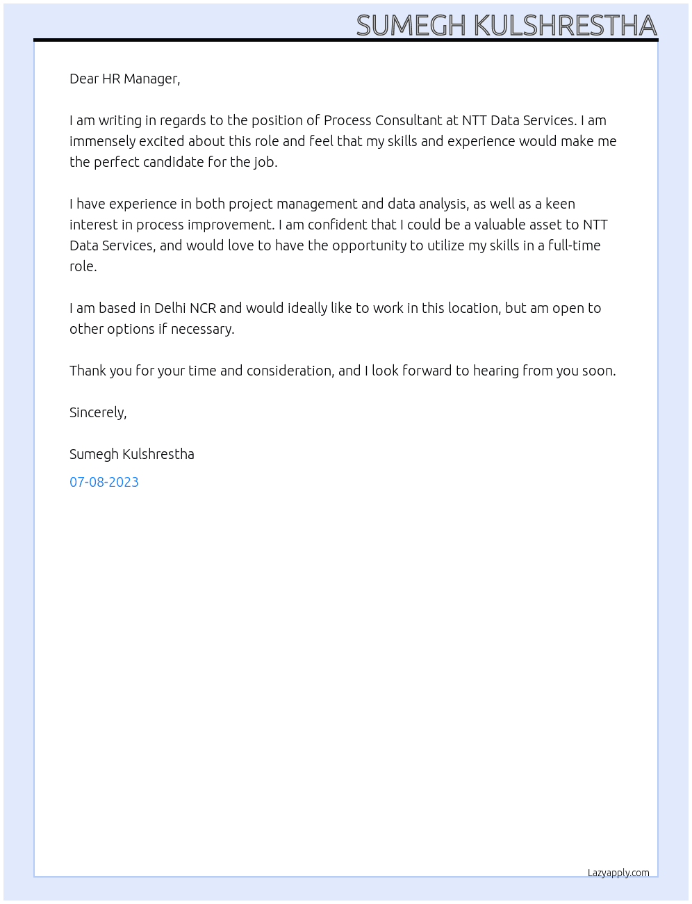 Process Consultant At NTT Data Services Cover Letter