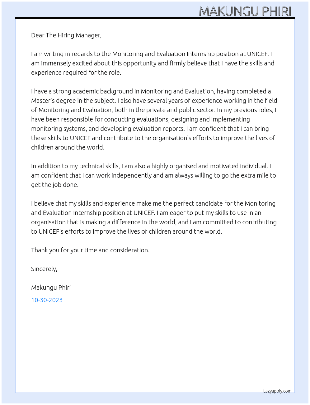 Monitoring and Evaluation Internship At UNICEF Cover Letter